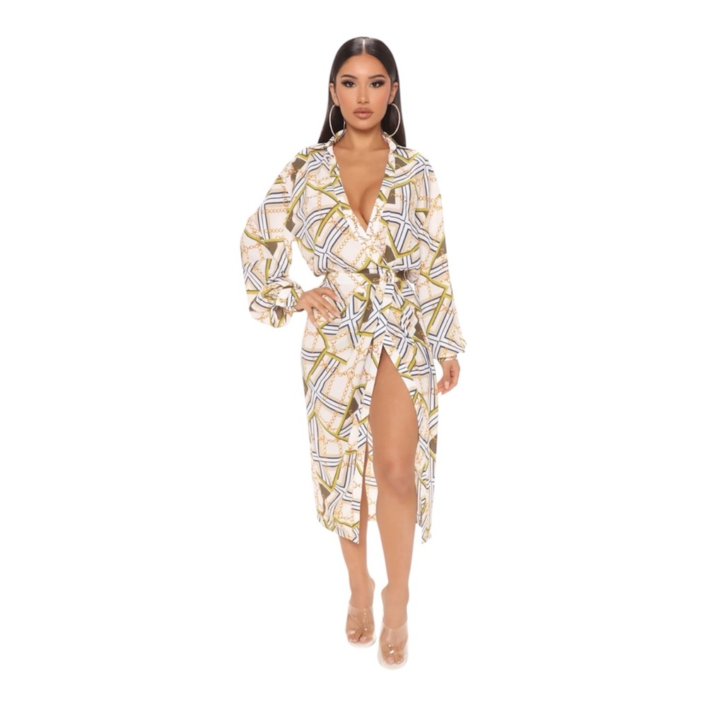 FASHION NOVA Lavina Resort Glam High Slit Chain Link Midi Wrap Dress